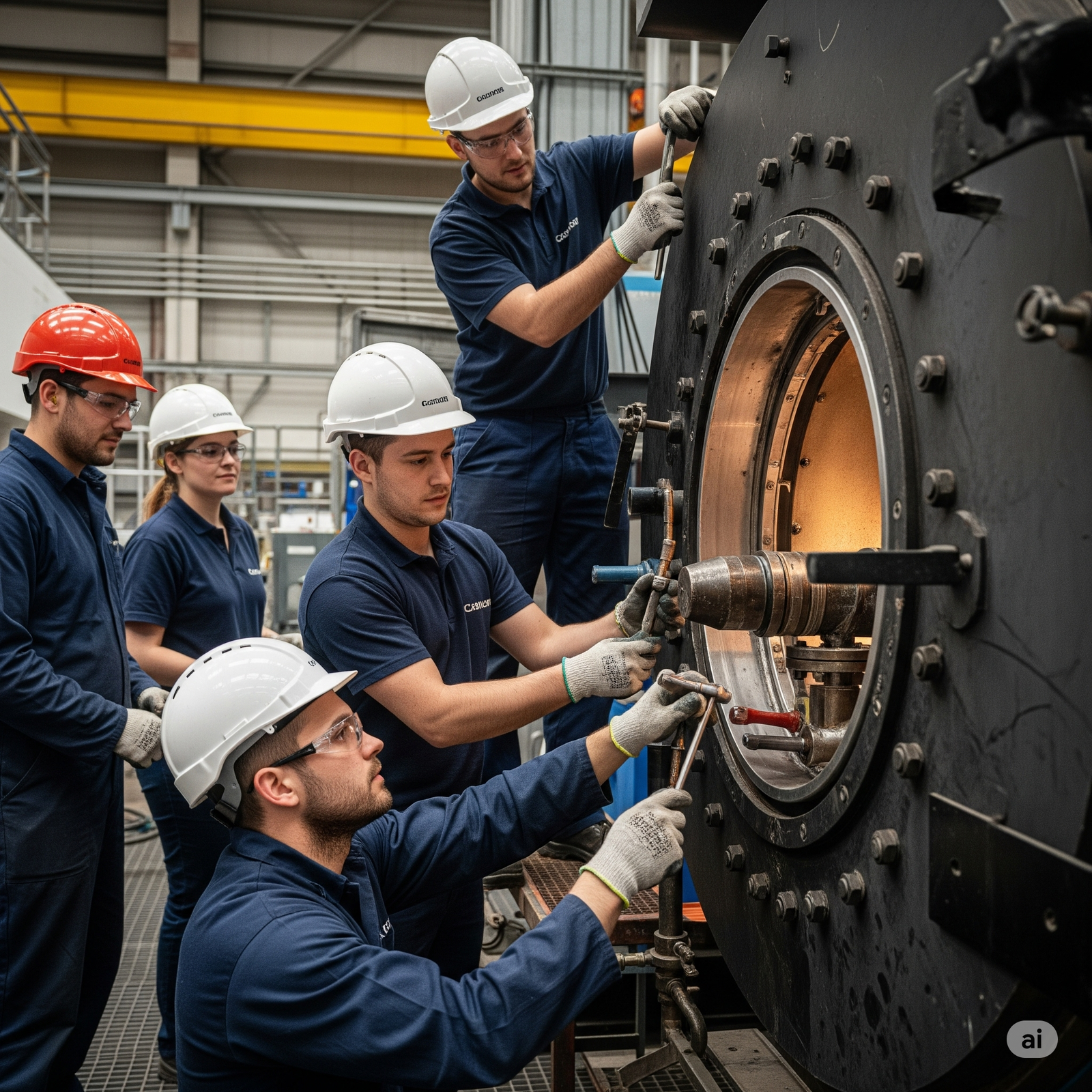 A group of diverse Cambridge boiler engineers collaboratively installs a new energy-efficient boiler in a modern residential building.