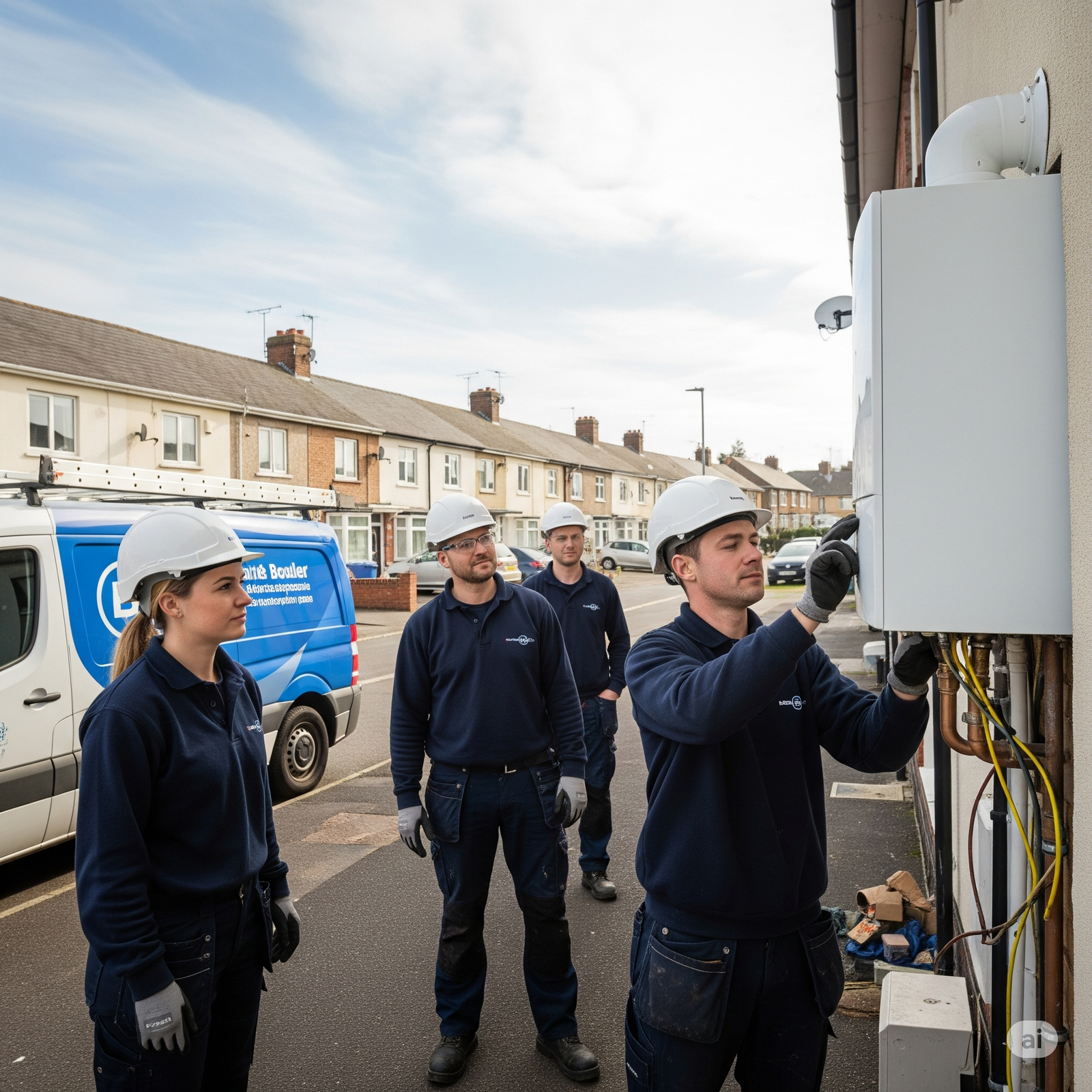 A group of skilled engineers diligently repairs, installs, and services a variety of boilers in a Cambridge industrial setting.