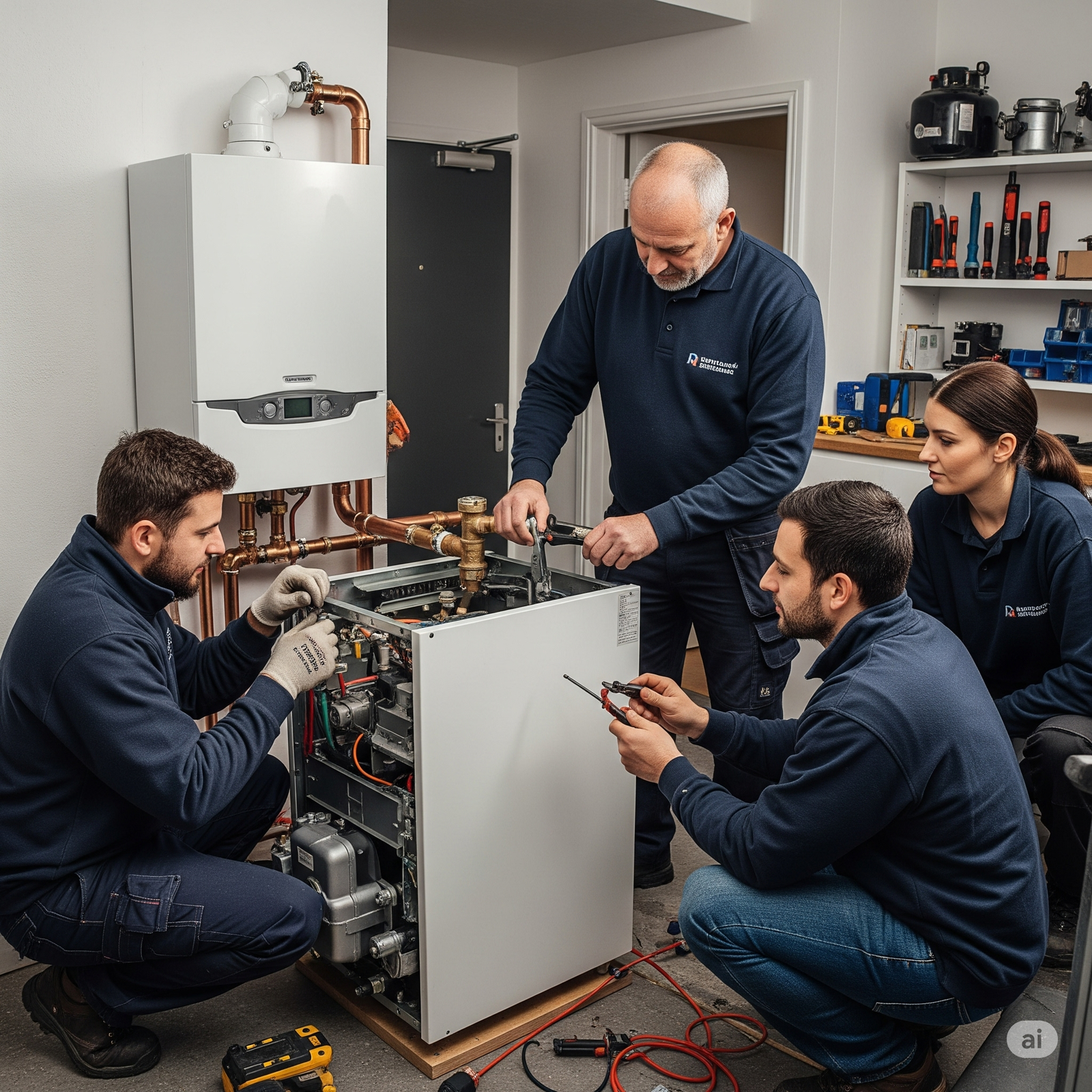 A team of British boiler technicians installs a new boiler in a UK residential property, focusing on the technical aspects of the work.