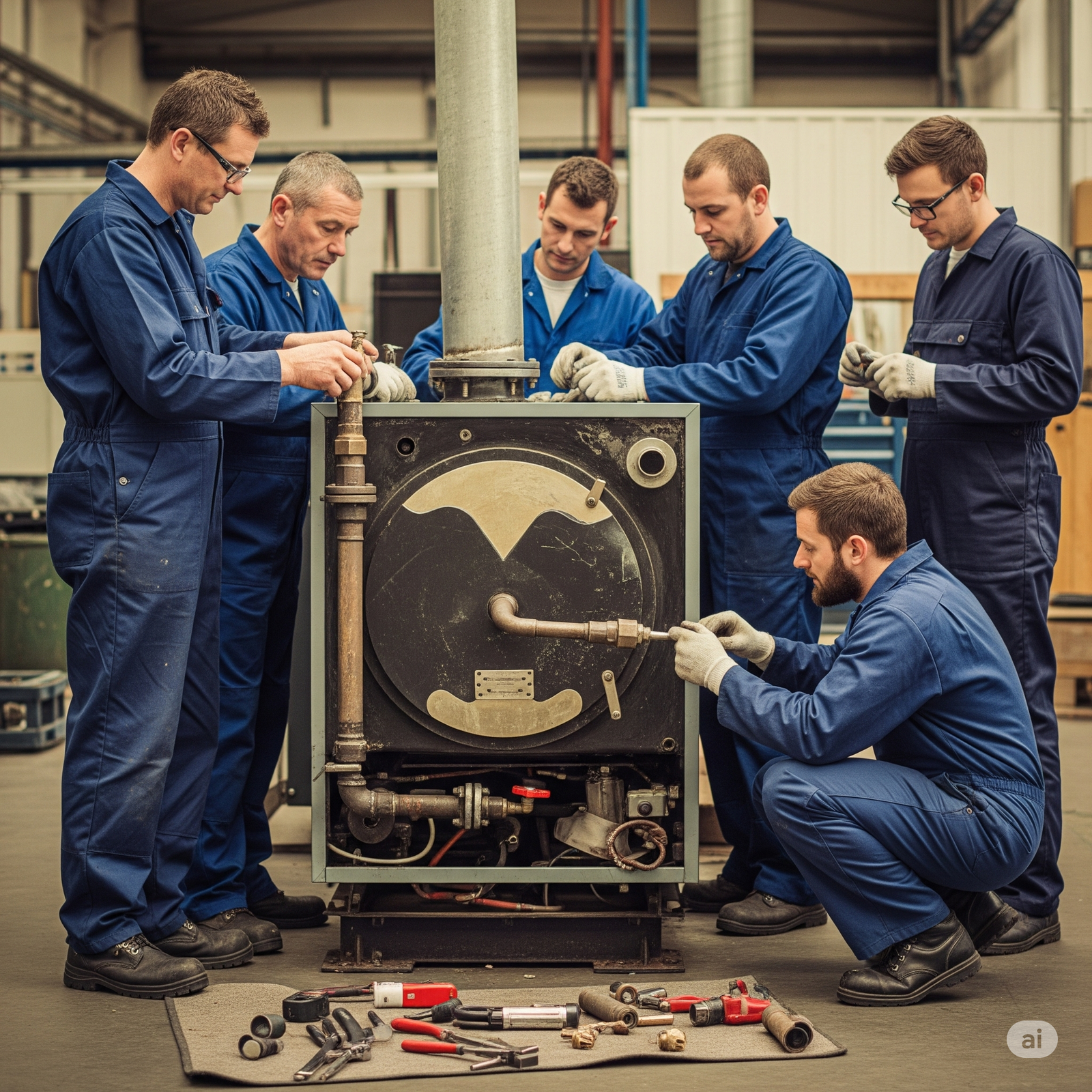 A team of hardworking Cambridge boiler technicians is captured in the midst of a repair and installation project, showcasing their collaboration and focus on detail.